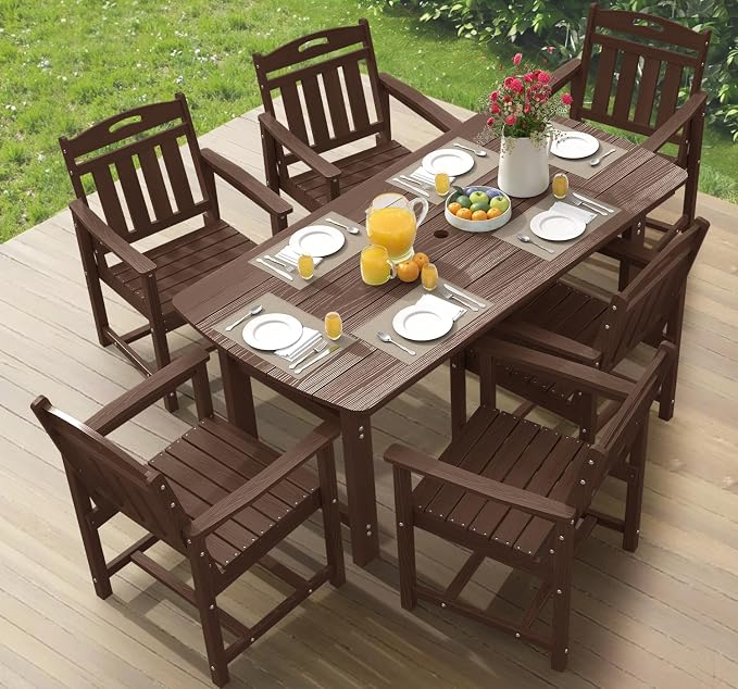 Ciokea HDPE Outdoor Dining Set, 7-Piece Patio Table and Chairs Set with Umbrella Hole, All-Weather Patio Dining Sets for 6, Durable Patio Furniture for Backyard, Garden, Lawn & Poolside, Brown by CIOKEA