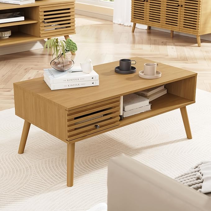 Mid Century Modern Coffee Table, CoffeeTable with Storage, Living Room Center Table with Slatted Panel Drawer, Fluted Wood Coffee Table with Open Shelf for Living Room, Oak