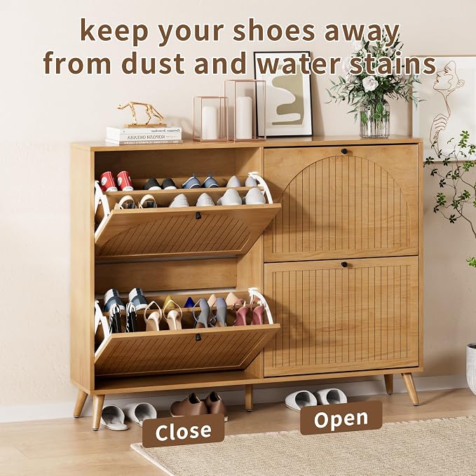Fsbecl Shoe Storage Cabinet for Entryway with 4 Flip Drawers, Narrow Shoe Organizer with Fluted Panel, Freestanding Wood Hidden Shoe Cabinet (Wood Color, 4 Flip Drawers) - Image 8