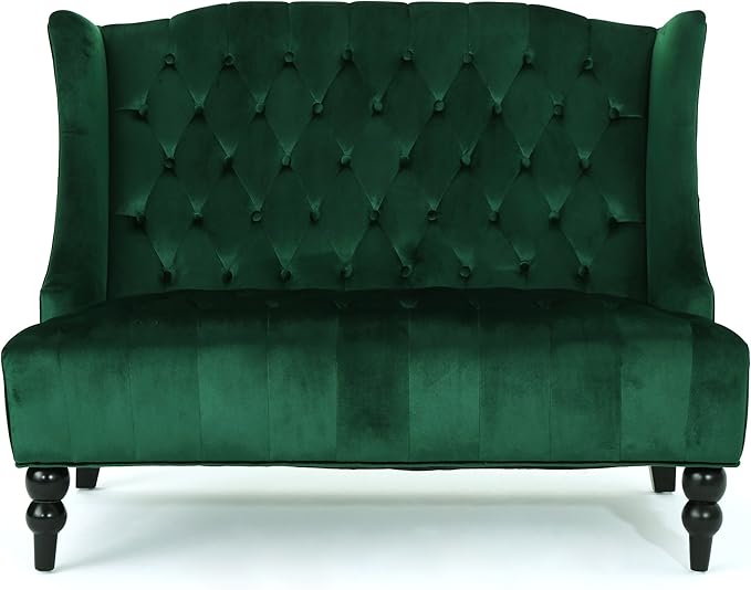 Modern Tufted Velvet Wingback Loveseat, Tufted Velvet 2 Seat Couch Sofas with High Back Thick Padded Cushioned Seats for Living Room, Victorian Style, Emerald