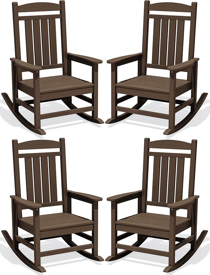 KINGYES Oversized HDPE Outdoor Rocking Chair Set of 4, All-Weather Poly Patio Rocking Chairs with 330lbs Support for Adults, Coffee Brown by KINGYES