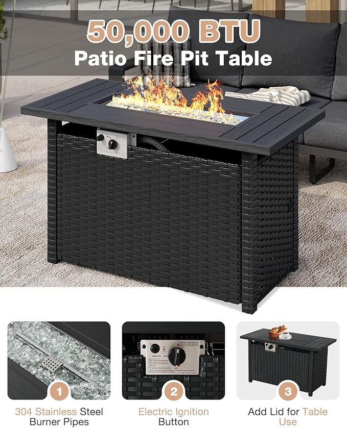 Aoxun Aluminum Patio Furniture Set with Fire Pit Table, 4 Piece Luxury Outdoor Sectional with 6" Olefin Fabric Cushions, Patio Conversation Sets with Waterproof Cover for Backyard, Porch Dark Grey