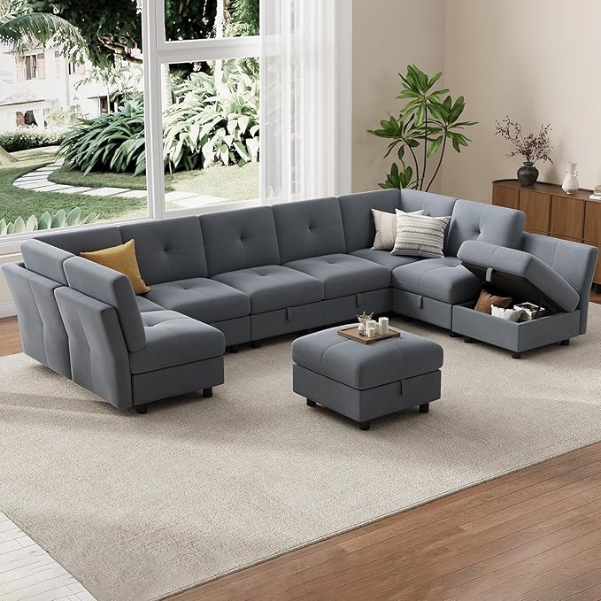 IDEALHOUSE Modular Sectional Sofa, 9 Seat with Storage & Convertible Ottomans, U-Shaped Velvet Couch High Support Design, Modern Living Room Sofa Bed, Blue