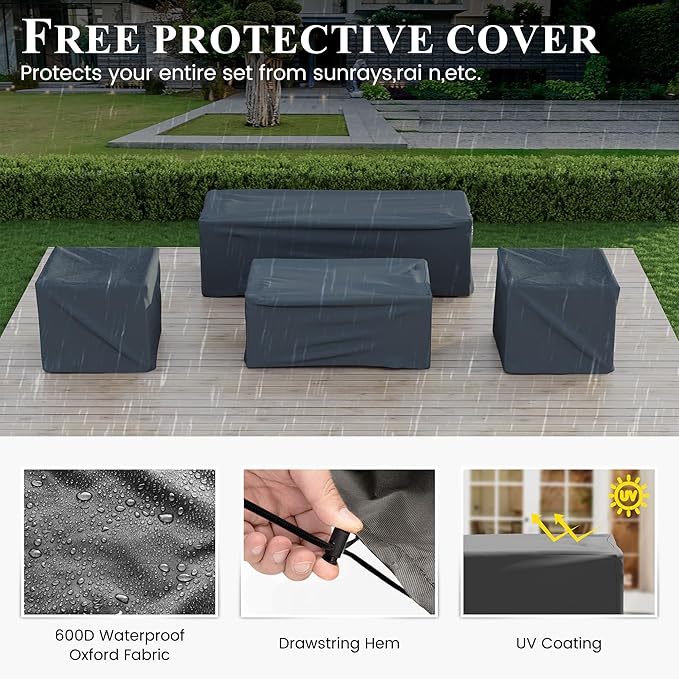 Patio Furniture Set with Fire Pit Table, Aluminum Patio Furniture Set,White Outdoor Metal Sectional Sofa with Aluminum Fire Pit Table for Garden Backyard (Include Waterproof Cover)