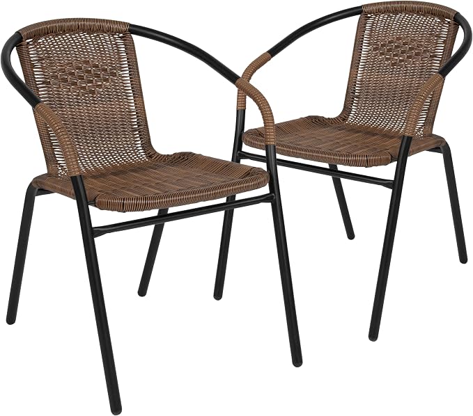 EMMA + OLIVER Set of 2 Modern Rattan Indoor/Outdoor Stack Chairs, Stacking Rattan Patio Chairs with Curved Back and Cross Bracing, Brown - Image 3