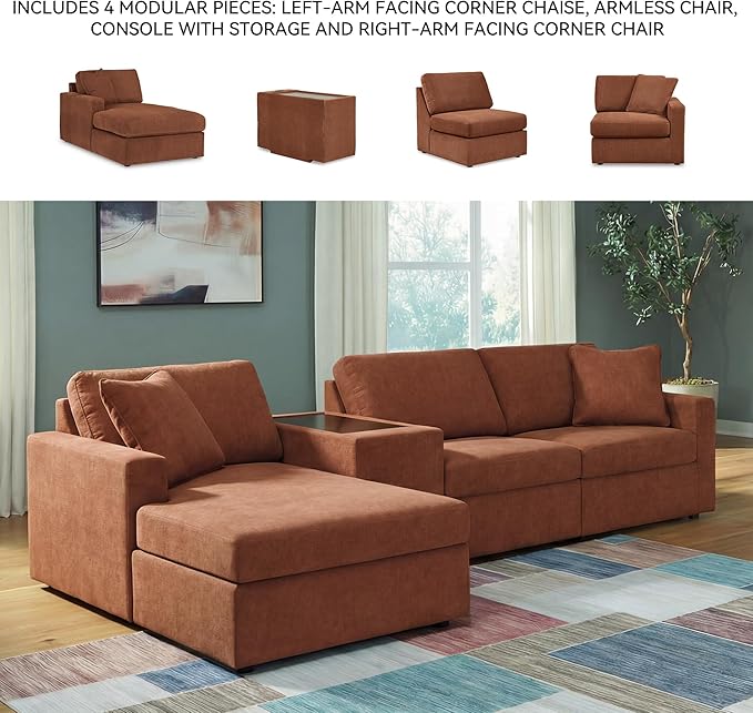 Signature Design by Ashley Contemporary Modmax Stain Resistant L-Shape Left-Arm Facing 4-Piece Sectional with Chaise and Storage Console, Orange