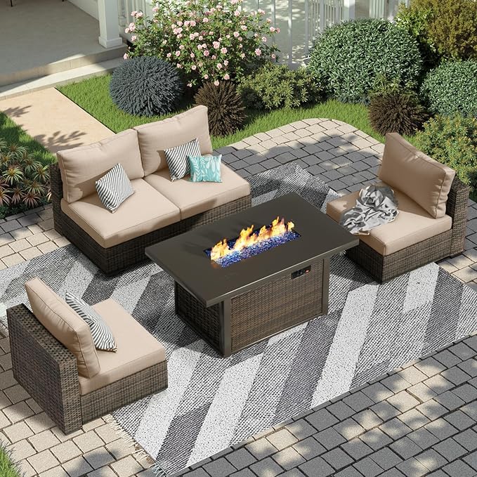 5 Pieces Patio Furniture Set with 44" Fire Pit Table, Rattan Outdoor Sectional Conversation Sets, All Weather Outdoor Furniture Set with Cushions for Garden Lawn Balcony Porch Deck, Khaki