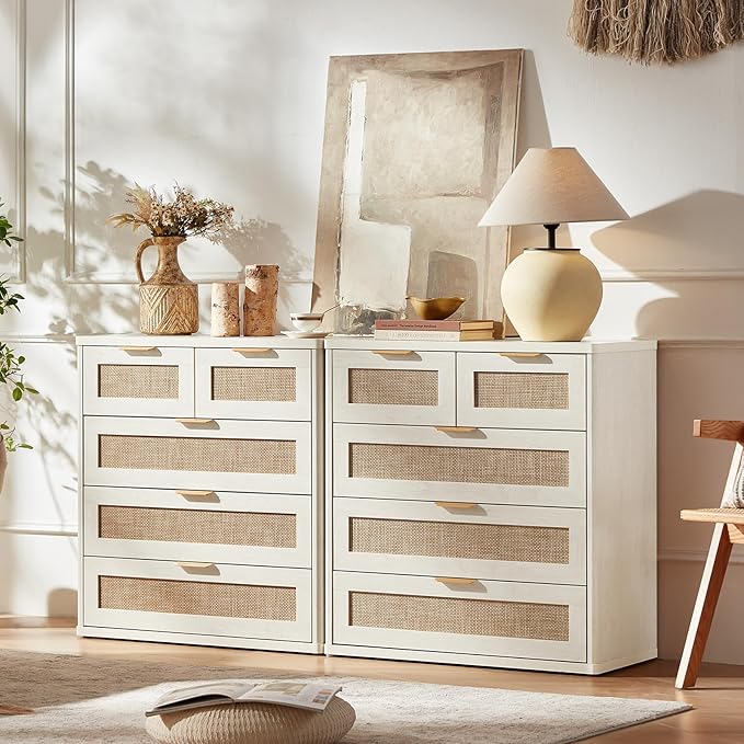 LEYAOYAO White Dresser for Bedroom, 33.5" Tall Chest of Drawers, Modern 5 Drawers Boho Rattan Dressers with Storage, Dresser Wooden Closet Organizer for Living Room, Hallway - Image 2