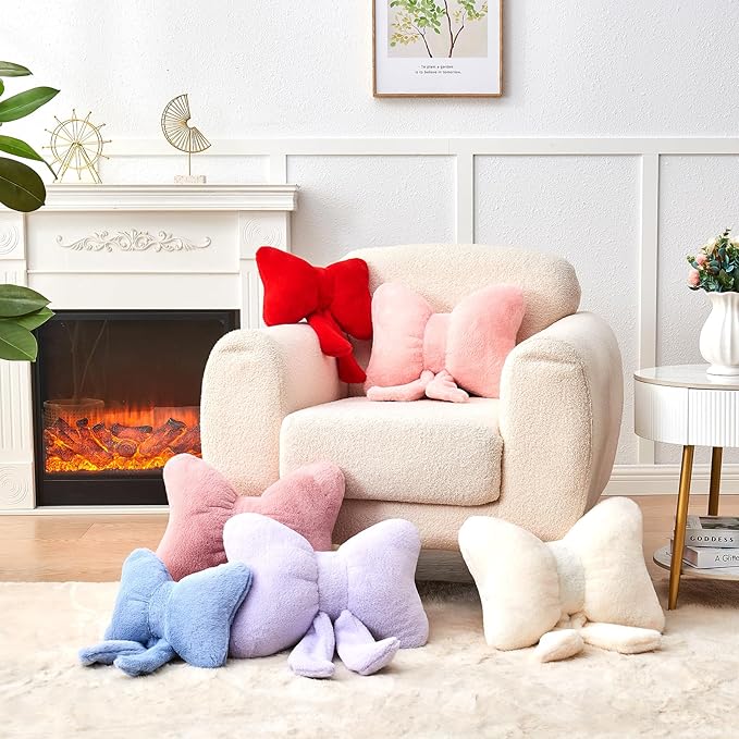 Red Bow Pillow,16'' Bow Decorative Pillows with Faux Rabbit Fur,Soft Bow Throw Pillows Aesthetic Bow Shaped Pillow for Bed Sofa Couch Home Decor