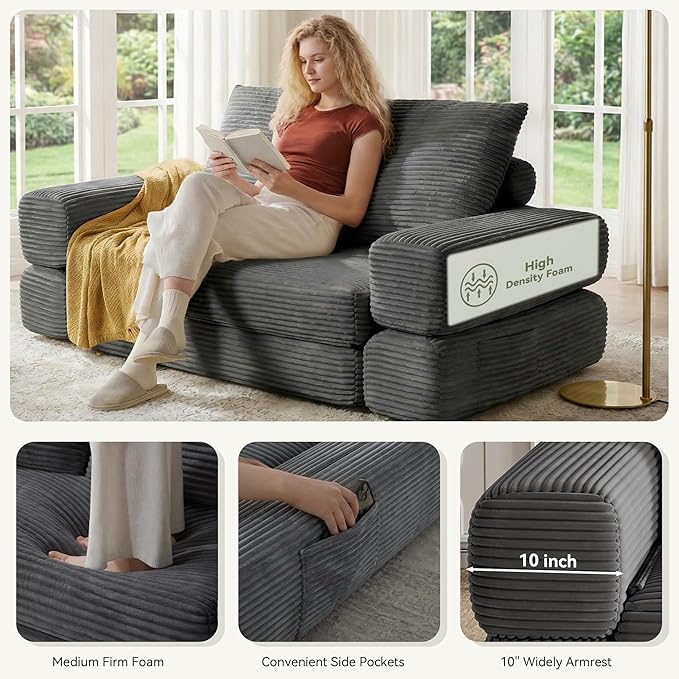 4-in-1 Convertible Folding Sofa Bed, 76 Inch Queen Size Foldable Sleeper Sofa Bed, Wide Corduroy Upholstery, Boneless Mattress Couch with Armrests & Neck Pillow for Living/Bedroom - Grey