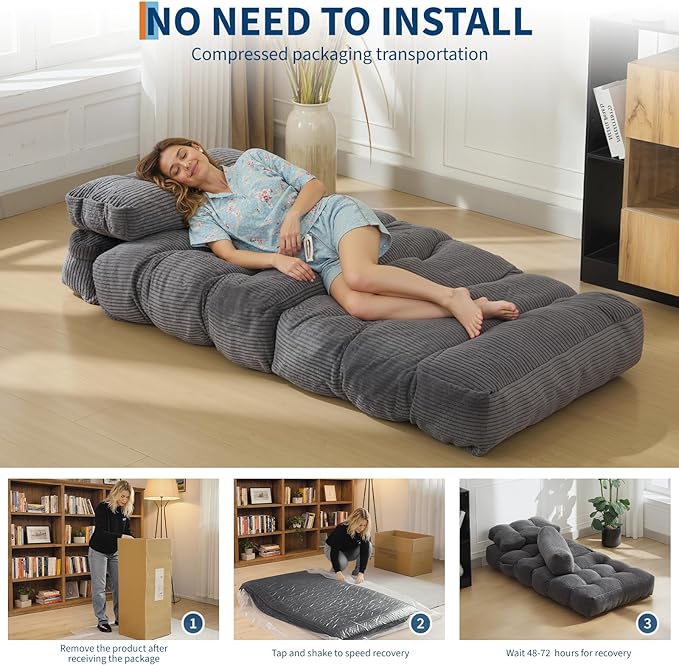Folding Sofa Bed, Convertible Sleeper Chair with Pillow Foldable Matress with Back Support, Portable Fold Out Chair Bed Comfy Floor Sofa Lounge for Living Room Bedroom, Gray, Single