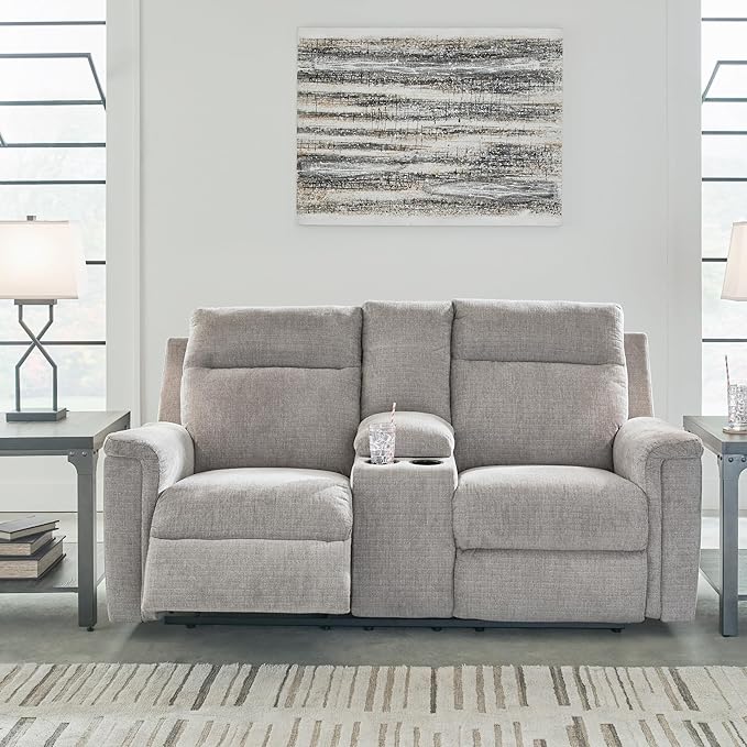 Signature Design by Ashley Barnsana Minimalist Power Reclining Loveseat with Console and USB Charging Ports, Light Gray