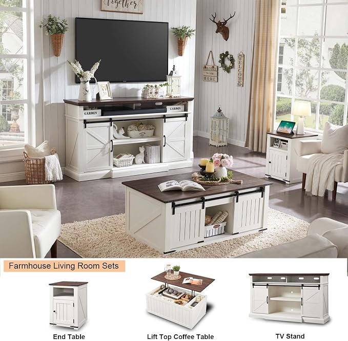 Farmhouse TV Stand for 80 Inch TVs, 37.4"Tall Entertainment Center w/Storage Cabinets and Sliding Barn Door, Media Console Cabinet w/Soundbar & Adjustable Shelves for Living Room, 70 inch (White) - Image 5