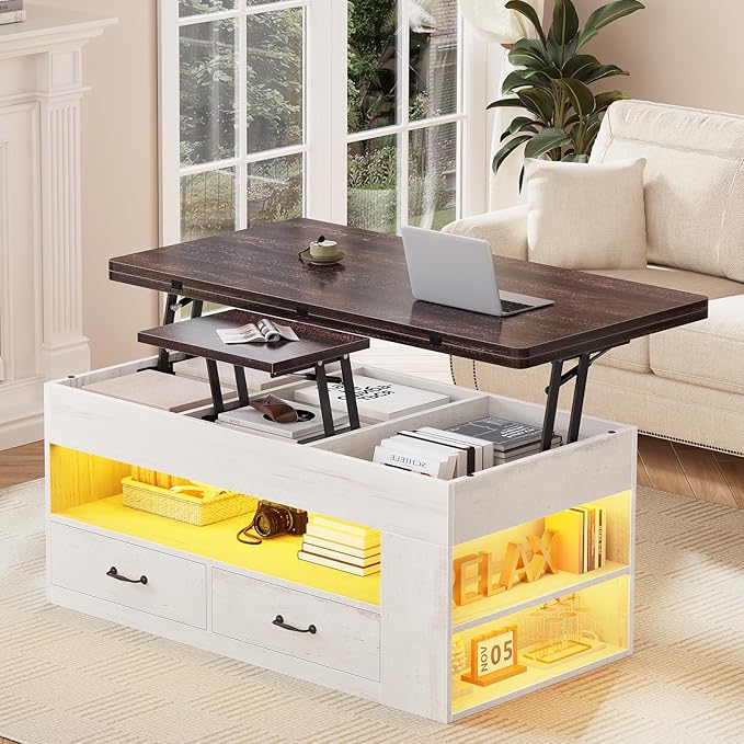 Itaar Lift Top Coffee Table, 4 in 1 Coffee Tables with Storage and Hidden Compartment, Farmhouse Coffee Table with 2 Fabric Drawers & LED Light for Living Room, White