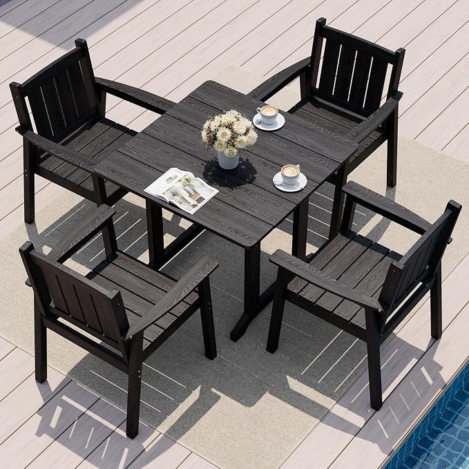 Pamapic 5 PCS Outdoor Dining Set, Spacious HDPE Outdoor Table and Chairs, Wood Grain Patio Furniture Sets with Elegant Armrest, All-Weather Patio Dining Table with Umbrella Hole, Black by Pamapic
