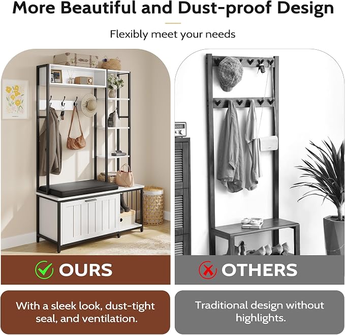 Hall Tree Coat Rack, Hall Tree With Bench and Shoe Storage Shoe With, Mud Room Storage Furniture，39.37 X 15.74 X 69.69 Inches, Rustic White - Image 4