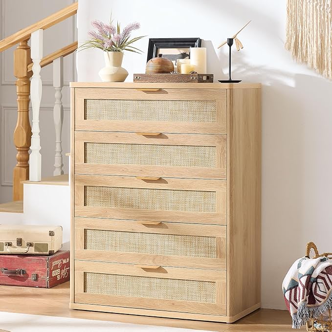 LEYAOYAO Rattan Dresser for Bedroom Set 2, 41" Tall Chest of Drawers, Modern 5 Drawers Boho Dressers with Storage, Light Oak Dresser Wooden Closet Organizer for Living Room, Hallway, Natural Wood - Image 7
