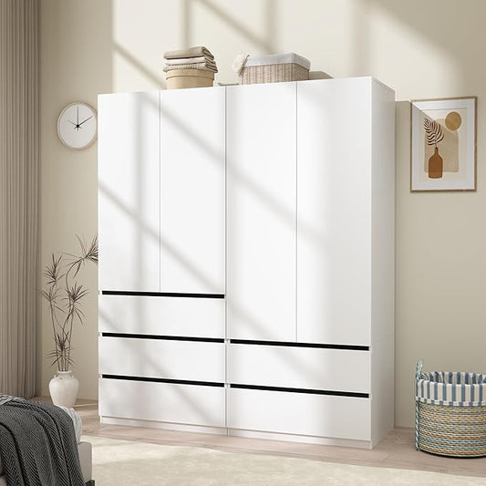 Modern Wardrobe Closet with 4 Doors: 75" White Armoire with 5 Drawers, Wooden Wardrobe for Hanging Clothes, Tall Storage Cabinet with Shelves and Hanging Rod (A+B, 63")