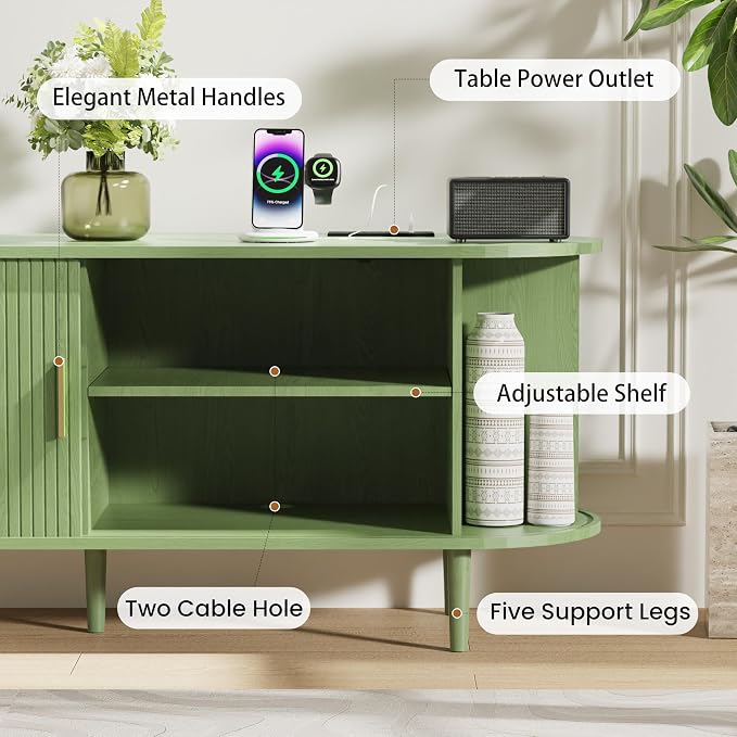 DHH 63 Inch Mid Century Modern TV Stand with Power Outlet for TVs up to 70 Inch, Entertainment Center with Storage and Adjustable Shelves, Media Console with Sliding Doors for Living Room(Green) - Image 4