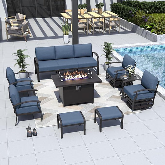 ALAULM Aluminum Patio Furniture Set with Propane Fire Pit Table 9-seat Metal Outdoor Furniture w/Swivel Chairs Patio Sectional Sofas w/2 Ottomans for Porch, Backyard, Poolside-Dark Blue