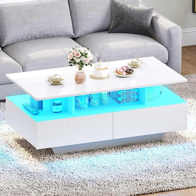 DWVO LED Coffee Table with Storage 4 Drawers, Modern High Glossy Coffee Tables for Living Room, White Rectangle Coffee Table Small Center Table with Open Display Shelf & Sliding Drawers, White