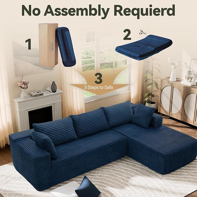 106" Modular Sectional Sofa, Blue Corduroy Cloud Couch with Left Chaise, Deep Seat Boneless Floor Sofa for Living Room, High-Resilience Foam Support, No Assembly Required, Includes Pillows | Sectional Sofa, Corduroy Cloud, Boneless, High-Resilience, No...