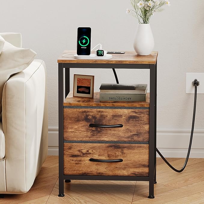 OLIXIS Nightstand with Charging Station, Bedside Table with USB Ports & Type-C, 2 Fabric Drawers Night Stand with Open Shelf, Compact End Table for Bedroom, Rustic Brown - Image 2