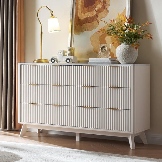 T4TREAM Fluted 6 Drawers Dresser, 54" Wide Modern Chest of Drawers with Faux Marble Top, Curved Profile Design, Dresser TV Stand, Wood Drawer Organizer for Bedroom, Living Room, Hallway, Solid White by T4TREAMFurniture