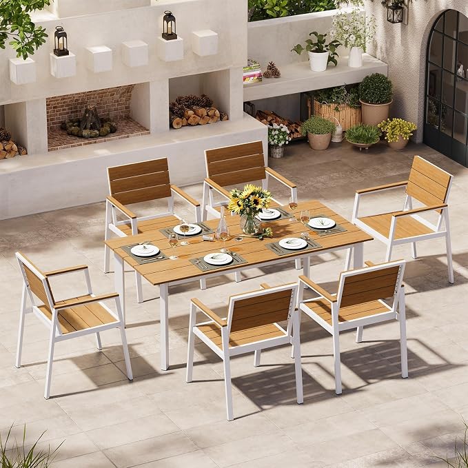 Outdoor Patio Dining Chairs Set of 2, 350LBS Capacity Aluminum Patio Dining Chairs with Armrests, Weather-Resistant for Lawn, Garden, Yard, Poolside and Indoor Use (White & Teak) - Image 6