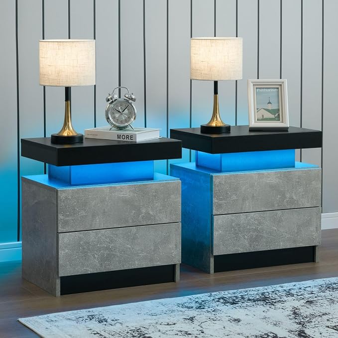 i-aplus Nightstand Set of 2 LED Nightstand with 2 Drawers, Bedside Table with Drawers for Bedroom Furniture, Side Bed Table with LED Light, Grey Black by Unknown