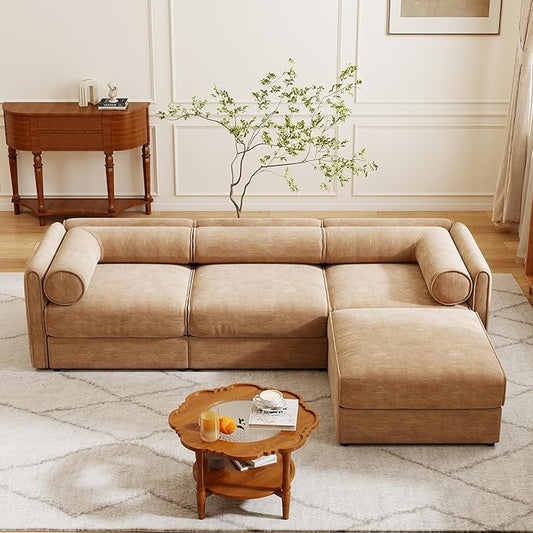 KEIKI 109" L-Shaped Modular Chenille Sectional Sofa with Storage Seat, 1 Ottoman, Modern Style 3-Seater Couch with Cylindrical Backrest and Armrests, Easy Assembly, for Apartment, Living Room, Camel