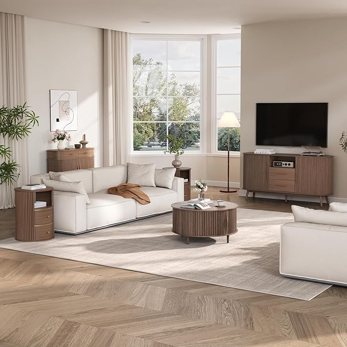 SULIVES Round Coffee Table with Storage,Mid Century Modern Coffee Table with Sliding Door,Fluted Center Table with Solid Wood Legs,Small Coffee Table for Living Room,Walnut