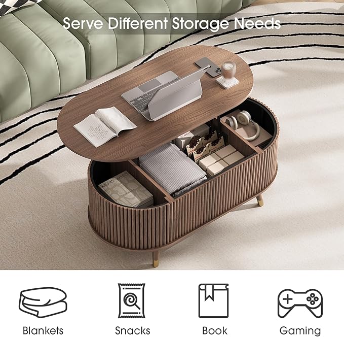 SULIVES Oval Coffee Table with Storage, Multifunctional Lift Top Drum Coffee Table, Small Fluted Center Table for Living Room, Walnut