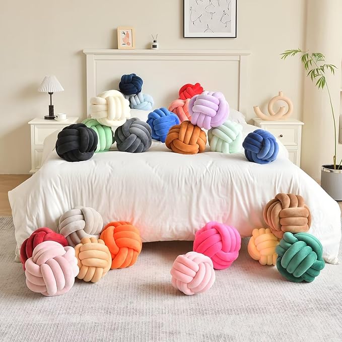 LUSJNGE Decorative Throw Knot Pillow Ball for Home Chair Sofa Couch Bed Aesthetic Round Velvet Knotted Pillow Cushion (Pink, 8 inches)