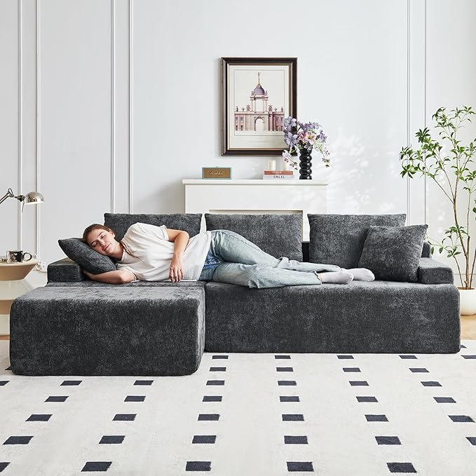 Boneless Couch, L Shaped Cloud Sectional Couches for Living Room, Comfy Fluffy Modular Sectional Sofa, Deep Seat Memory Foam Lounger with Left Facing Chaise, Free Combination, Grey