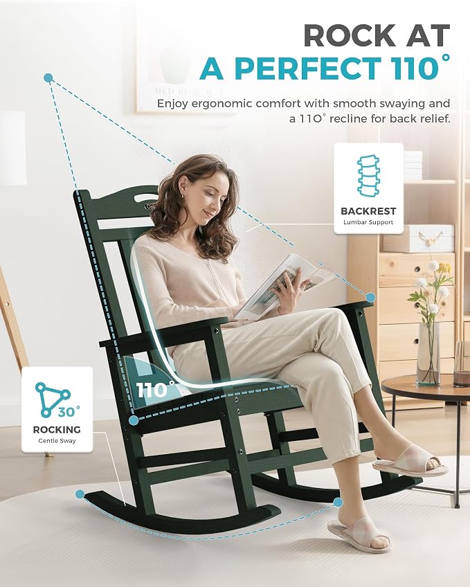 Ciokea Oversized Outdoor Rocking Chair, 380lbs Heavy-Duty Large Patio Rocker, Weather Resistant & Anti-Fade Porch Chair, High Back Cozy Rocking Chair for Outside, Fire Pit, Deck, Garden,Forest - Image 6