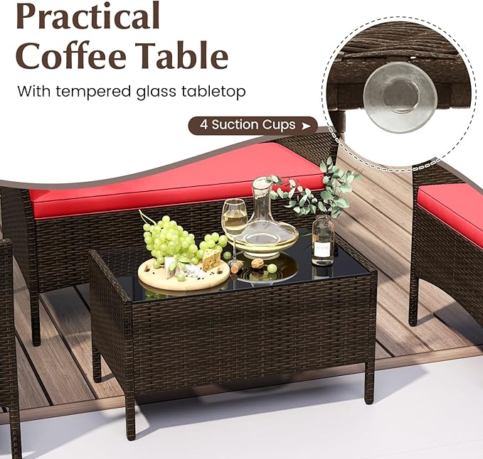 KOTEK 4 Piece Patio Furniture Set, Outdoor Rattan Conversation Set with Loveseat, Wicker Chairs, Tempered Glass Coffee Table, Wicker Patio Set for Backyard, Porch (Red)