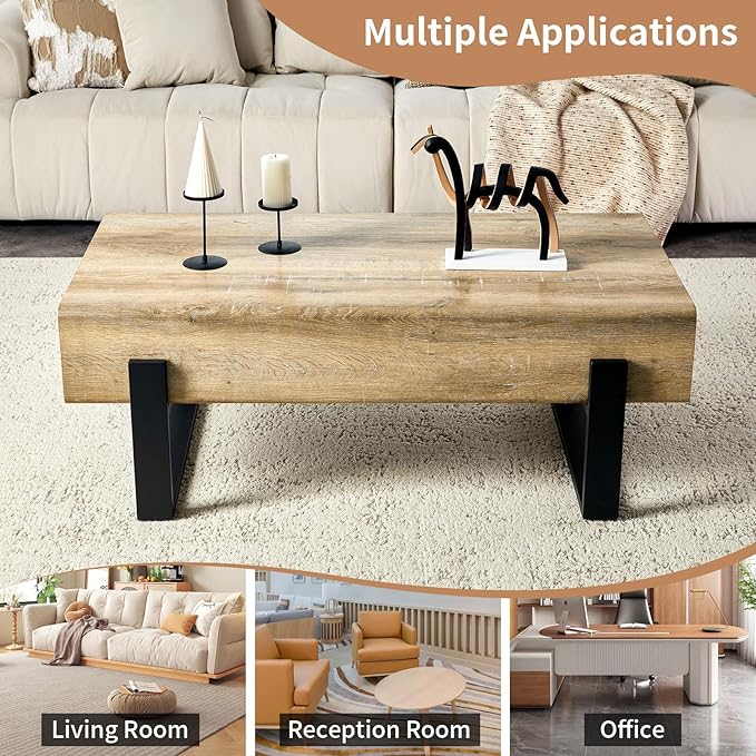 47.24" Rectangle Coffee Table, Wood Coffee Table Center Table with 7.8" Thick Tabletop Metal Legs Rounded Corners for Living Room Office, Natural Wood