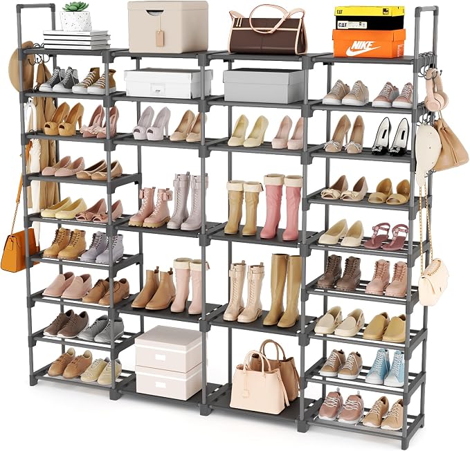 ROJASOP Large Shoe Rack Organizer for Entryway Closet 64-68 Pairs 9-Tier Heavy Duty Tall Garage Shoe Rack Shoe Shelf Shoes Storage with 18 Pcs Removable Side Hooks for Bedroom and Garage Grey by ROJASOP