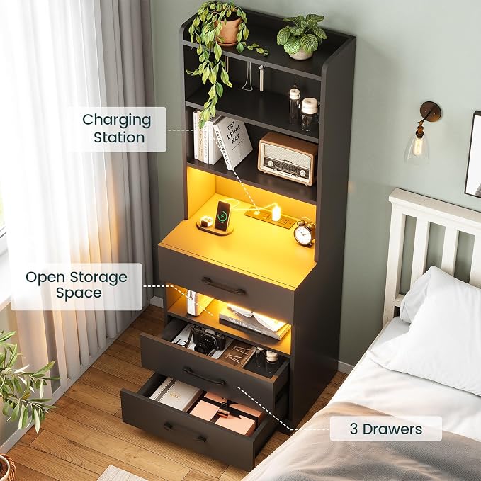 AOGLLATI Tall Night Stand Set of 2 with Charging Station and LED Lights, Black Nightstand with 3 Drawers and Adjustable Shelves, Modern Bedside Table with Bookshelf for Bedroom - Image 5