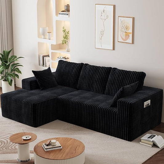96" Cloud Sectional Couches for Living Room, Modular Sectional Sofa with Chaise, Upholstered Boneless Couches, Comfy Flannel Fluffy Couch with Pillows and Side Pockets No Assembly(Black)