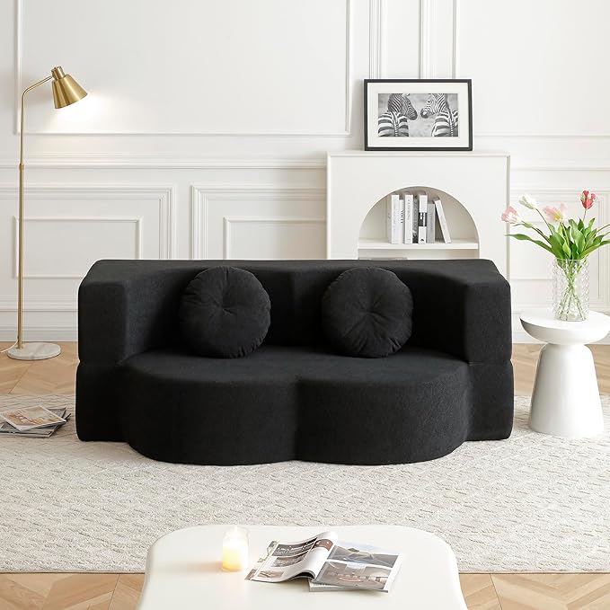 KEIKI 2-in-1 Folding Sofa Bed with Pillow, Queen Sleeper Sofa, Floor & Futon Loveseat Couch, Foam Folding Mattress for Living Room, Guest Use, Office, Apartment, No Assembly Required, Black