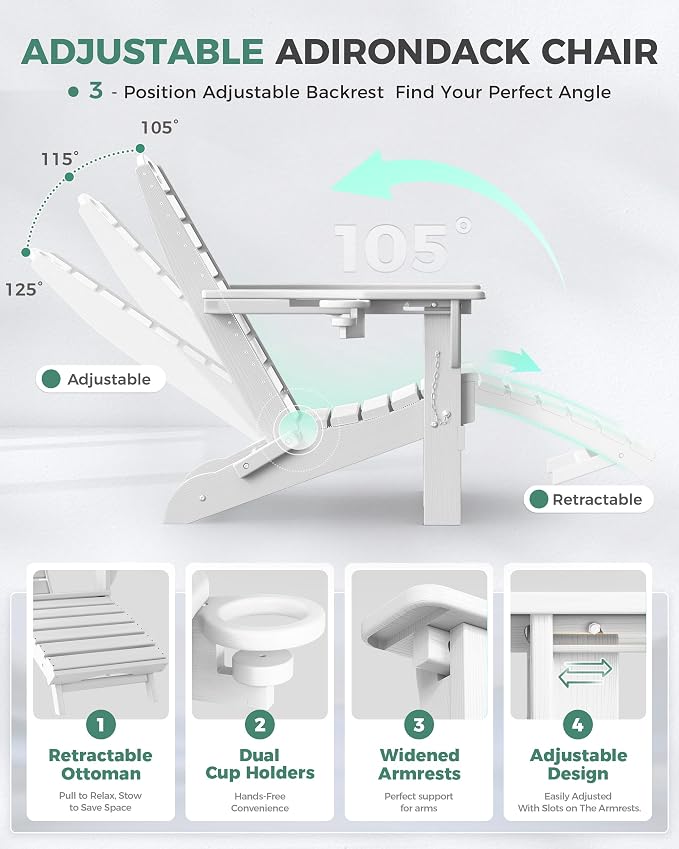 Folding Adirondack Chair with Retractable Ottoman, Weather Resistant Fire Pit Chair Patio Chair with 2 Cup Holder Lawn Outdoor Lounge Chair (White) - Image 5