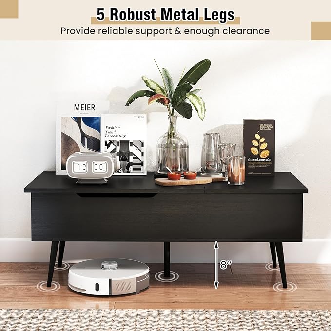 Tangkula Lift Top Coffee Table, Mid Century Modern Center Table with Split Top & 2 Hidden Compartments, Rectangle Accent Table with Tapered Metal Legs for Living Room (Black)