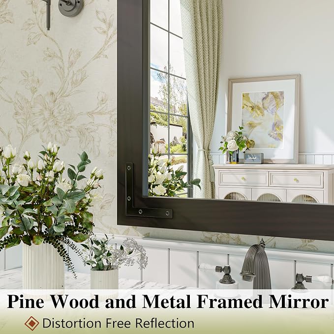 Black Farmhouse Bathroom Mirror, 48x30 Inch Black Wooded Framed Vanity Mirror for Wall, Rectangular Rustic Wall Decor Mirrors for Entryway Living Room Bedroom - Image 4