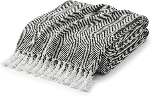 Americanflat 50x60 Throw Blanket - Soft and Breathable Cotton Throw Blanket for Couch, Bed, Chair - Decorative Blankets Perfect for Home, Office, or Outdoor Use - Black and White Herringbone Design