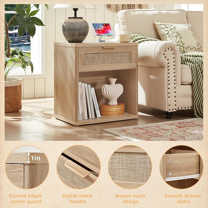LEYAOYAO Rattan Nightstand with Charging Station, Natural Wood Night Stand with Drawer, 23" Wide Boho Bedside Table with Storage Shelf, Bed Side End Tables for Bedroom, Living Room, Hallway - Image 4
