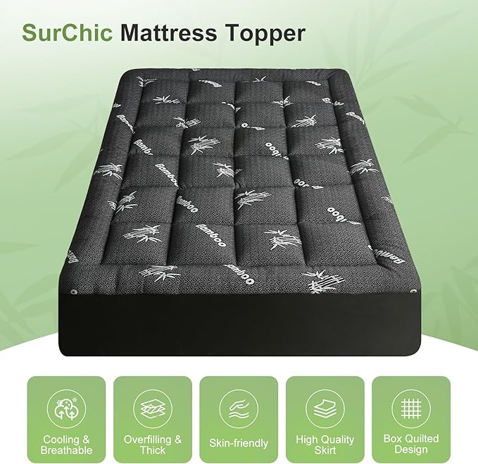 Queen Size Mattress Topper Viscose Derived from Bamboo, Soft Thick Pillow Top Mattress Pad Cover for Back Pain, Cooling Mattress Protector with 8-21 Inch Deep Pocket, Dark Grey