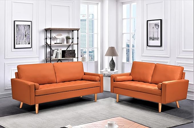 Container Furniture Faux Leather Sofa for The Modern Living Room with Removable Cushions and Solid Wood Legs, Luxury Style Button-Tufted Loveseat, 58" Wide, Red Orange
