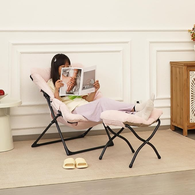 Comfy Saucer Chair for Adults, Soft Faux Fur Bedroom Chair with Ottoman, Accent Dorm Chairs, Living Room Reading Chairs and Footstool, Folding Seat for Teens, X-Large, Light Pink